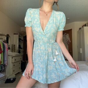 faithfull the brand mira light blue daisy zhoe wrap mini dress